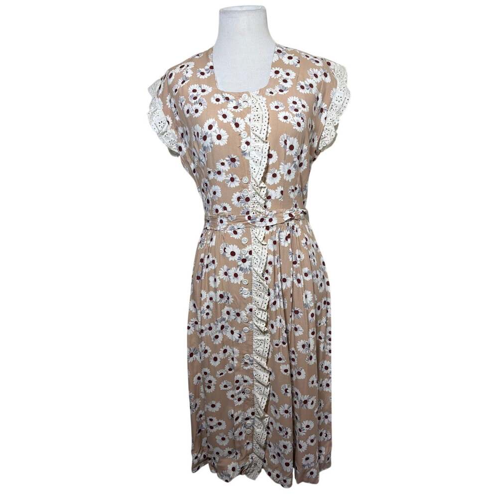 Vintage 90s Daisy Floral Midi Dress Eyelet Lace Button Front Cottagecore